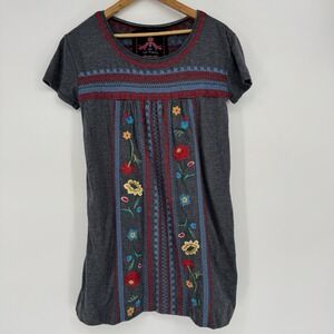 Johnny Was Tunic Dress Gray Embroidered Floral Boho‎ Jersey Knit Women's XS